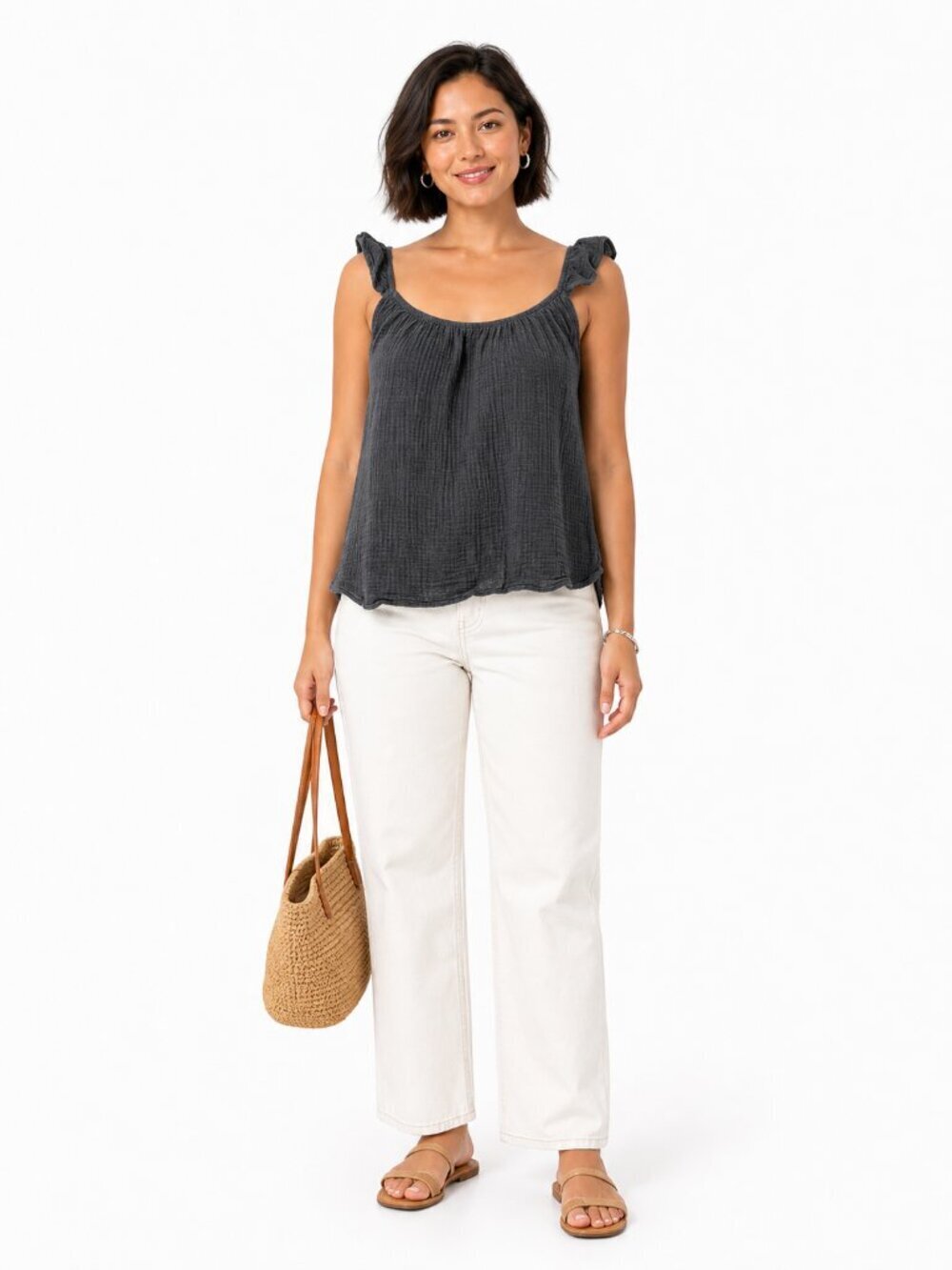 Monrow Ruffle Gauze Tank Top Boho Summer Beach Vacation Gray Size M